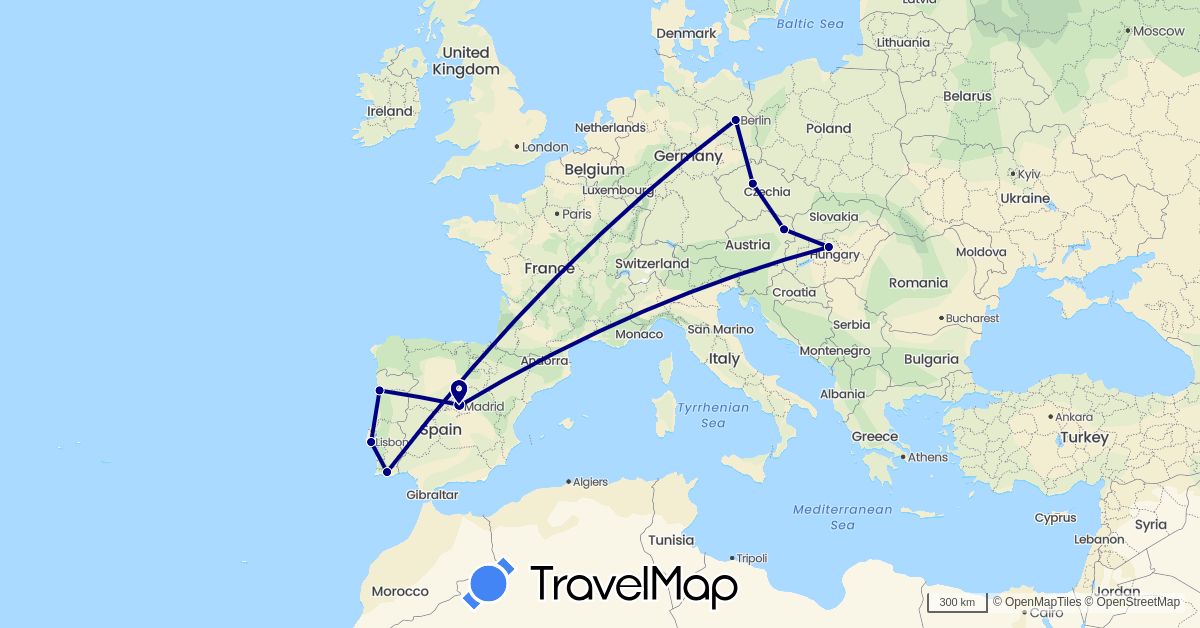 TravelMap itinerary: driving in Austria, Czech Republic, Germany, Spain, Hungary, Portugal (Europe)